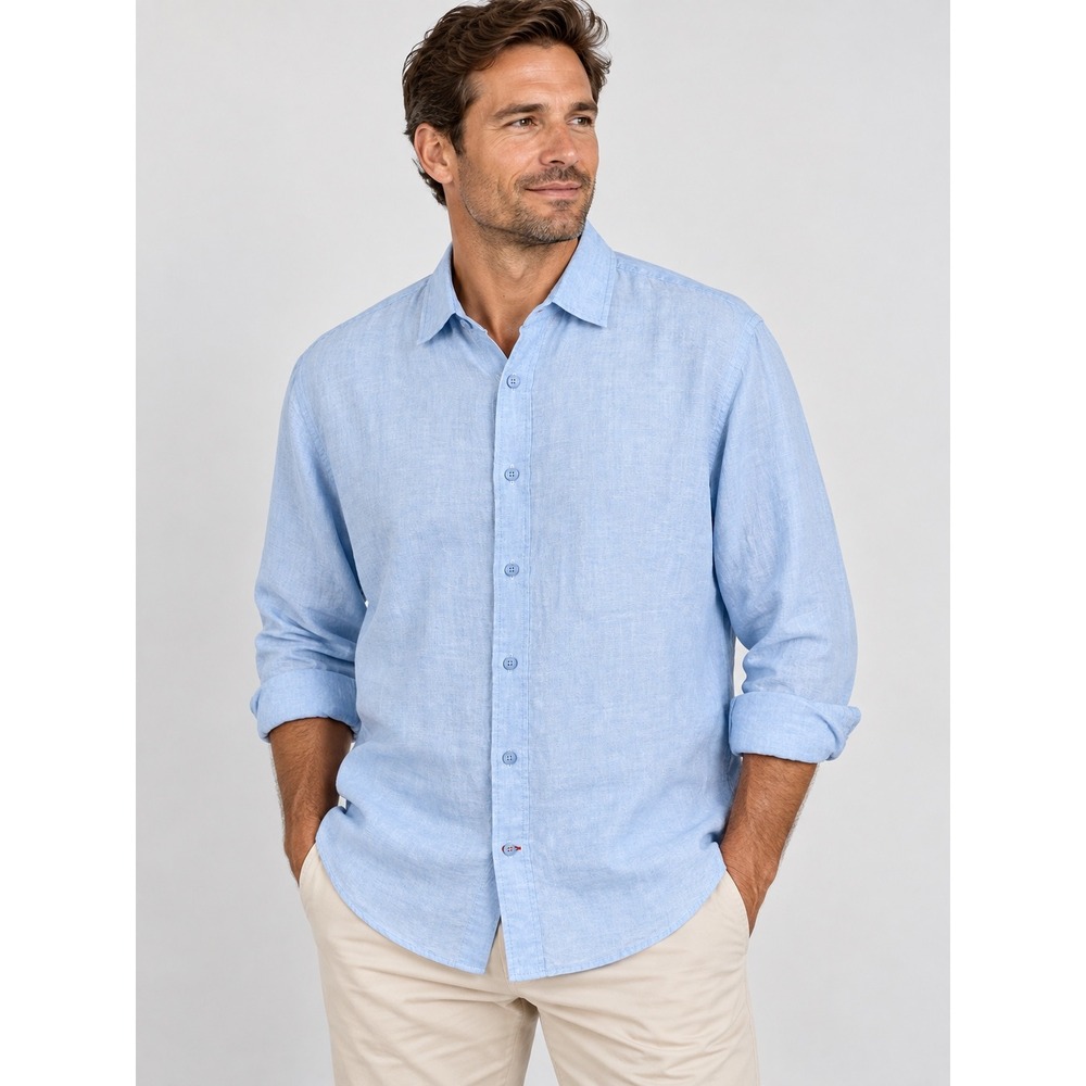 Cremieux Mens XL Light Blue 100% Linen Long Sleeve Button Down Shirt Logo